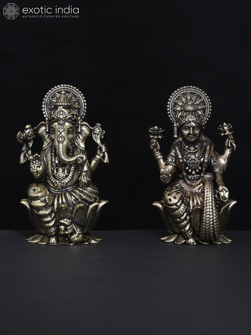 2" Small Brass Ganesha Lakshmi Statue Pair for Pooja