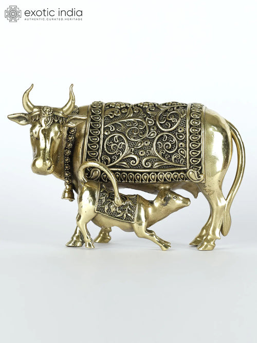 Handmade Brass Cow and Calf Statue for Home Decor