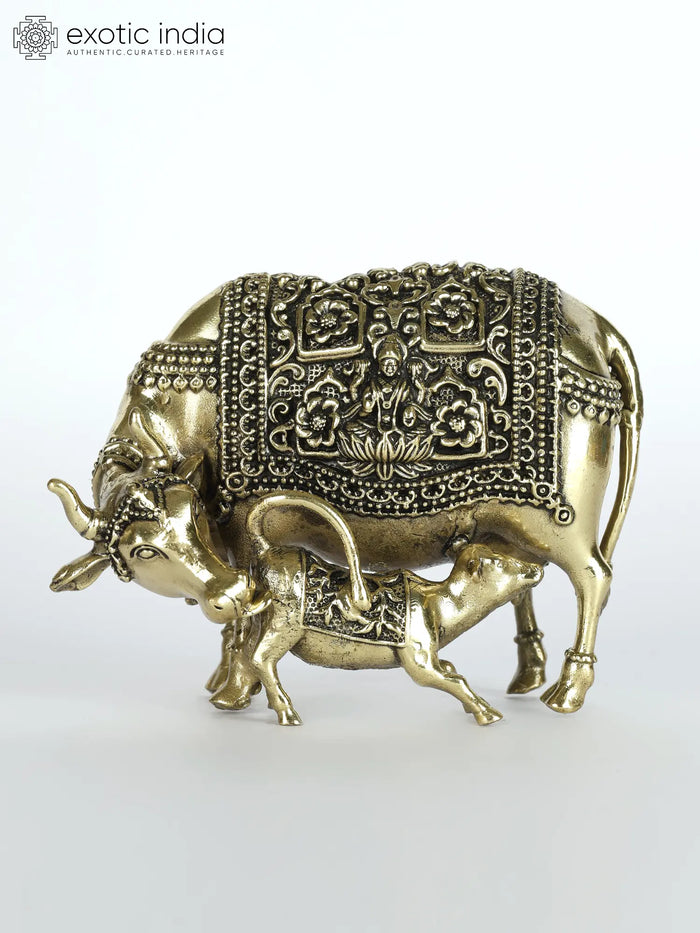 4" Superfine Cow and Calf Brass Statue with Lakshmi and Ganesha