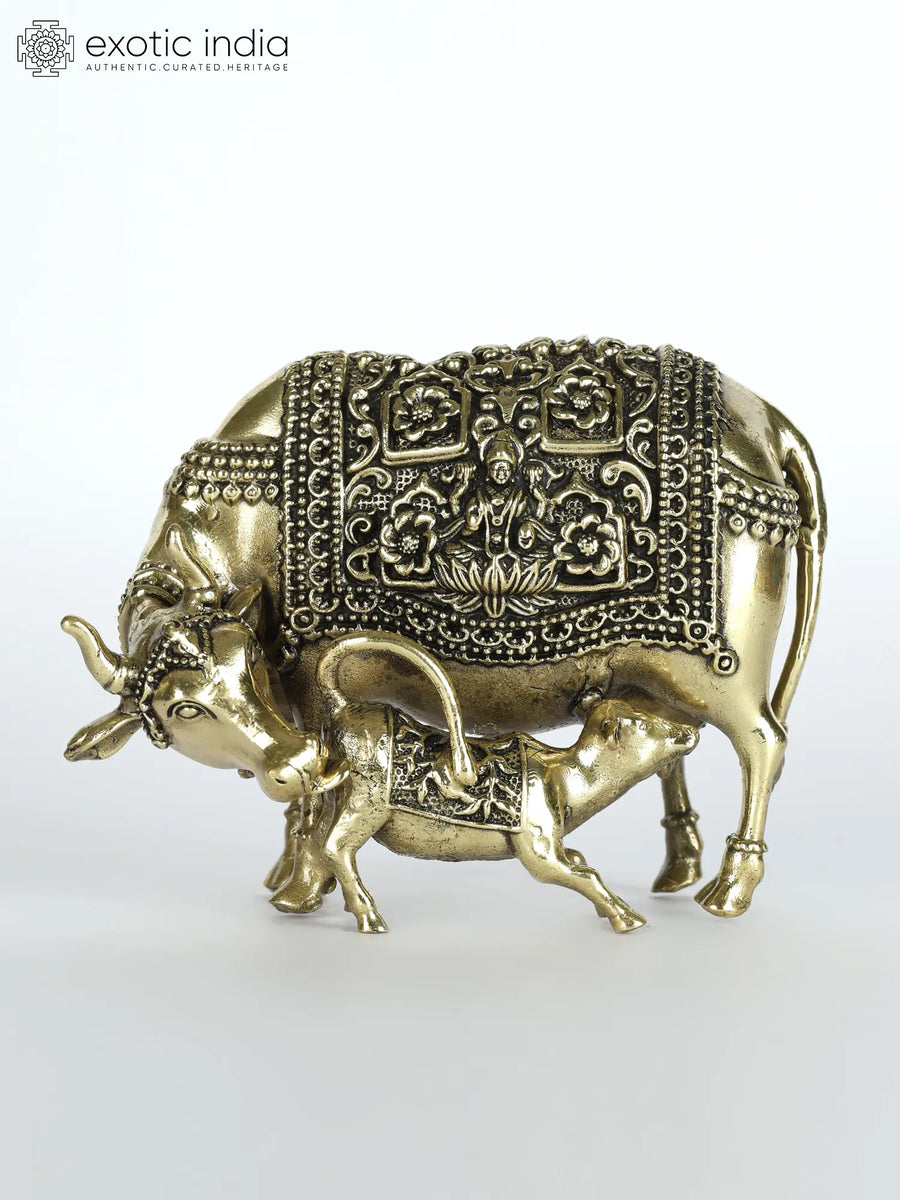 4" Superfine Cow and Calf Brass Statue with Lakshmi and Ganesha
