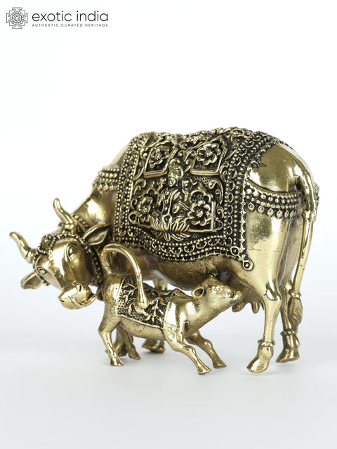 4" Small Superfine Cow and Calf Brass Statue with Lakshmi and Ganesha Carving