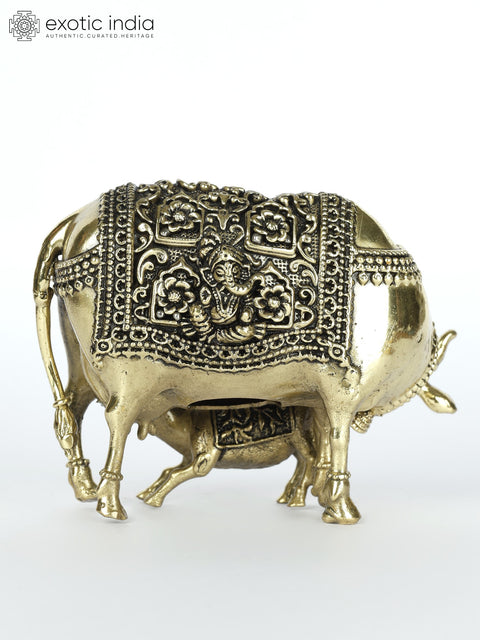4" Small Superfine Cow and Calf Brass Statue with Lakshmi and Ganesha Carving