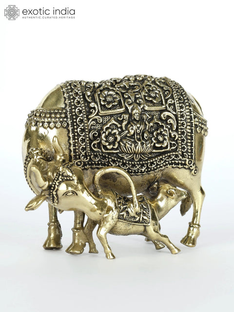 4" Small Superfine Cow and Calf Brass Statue with Lakshmi and Ganesha Carving