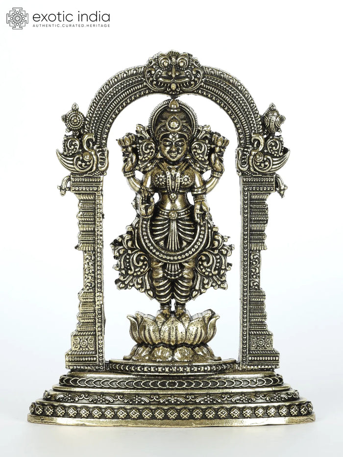 4" Brass Goddess Lakshmi Standing on Lotus Statue with Kirtimukha Prabhavali