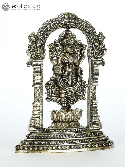 4" Small Superfine Blessing Goddess Lakshmi Standing on Lotus with Kirtimukha Prabhavali | Brass Statue