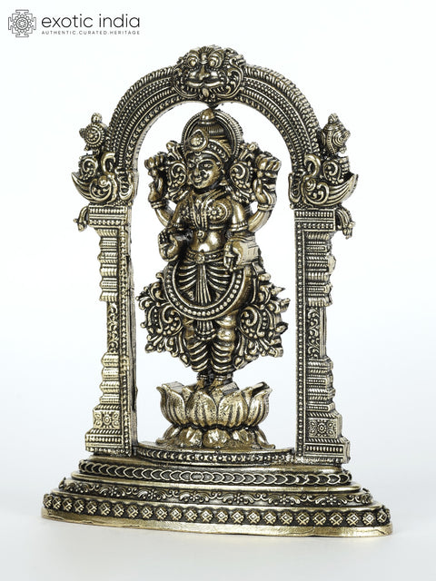 4" Small Superfine Blessing Goddess Lakshmi Standing on Lotus with Kirtimukha Prabhavali | Brass Statue