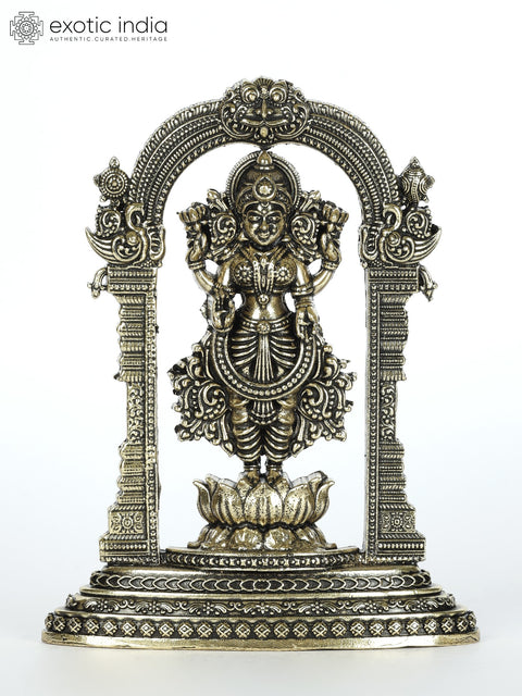 4" Small Superfine Blessing Goddess Lakshmi Standing on Lotus with Kirtimukha Prabhavali | Brass Statue