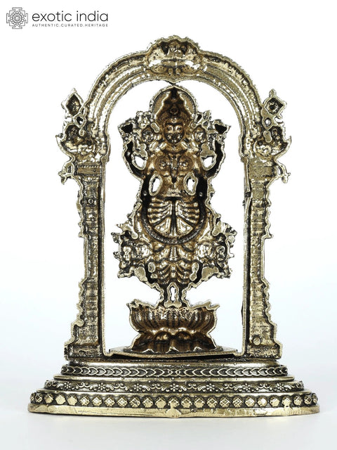 4" Small Superfine Blessing Goddess Lakshmi Standing on Lotus with Kirtimukha Prabhavali | Brass Statue