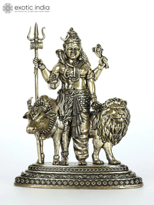 Small Superfine Ardhanarishvara Brass Idol with Nandi and Lion