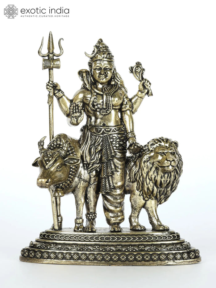 Small Superfine Ardhanarishvara Brass Idol with Nandi and Lion