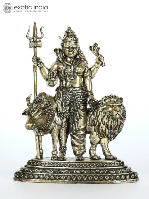 Small Superfine Ardhanarishvara Idol with Nandi and Lion | Shiva-Shakti Brass Statue