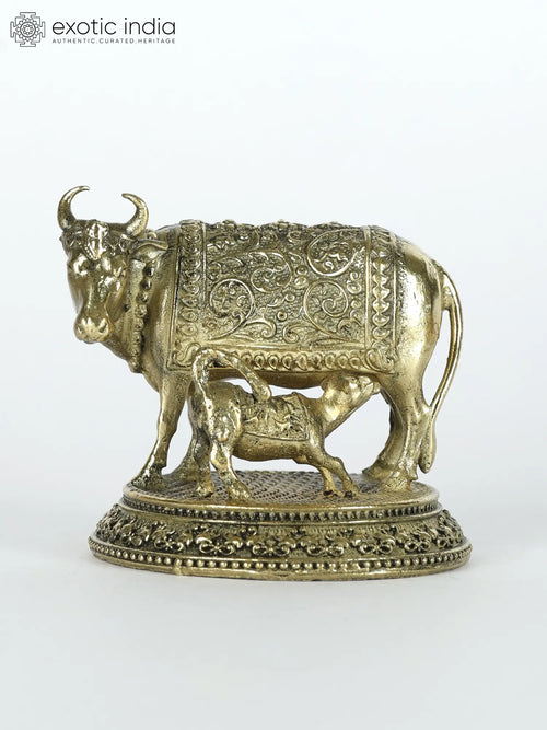 2" Handmade Cow and Calf Brass Statue