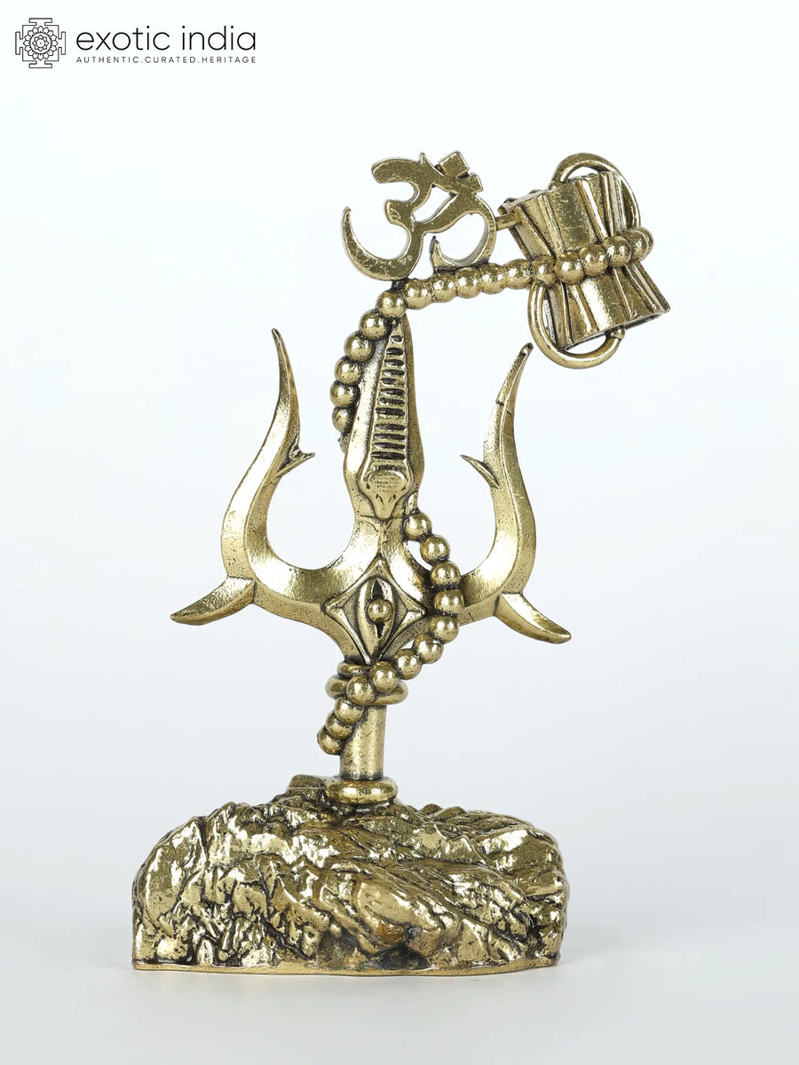 4" Brass Trishul with Damru and Om Handmade Statue