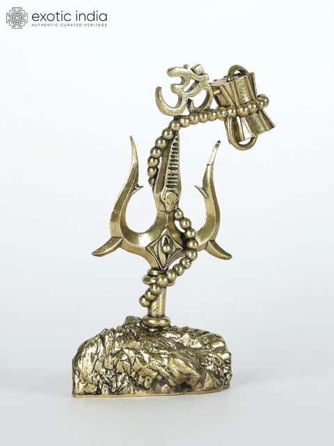 4" Small Superfine Stylized Trishul with Damru and Om | Brass Statue