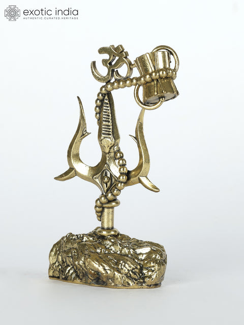 4" Small Superfine Stylized Trishul with Damru and Om | Brass Statue