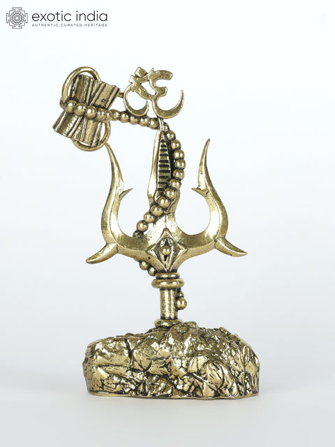 4" Small Superfine Stylized Trishul with Damru and Om | Brass Statue