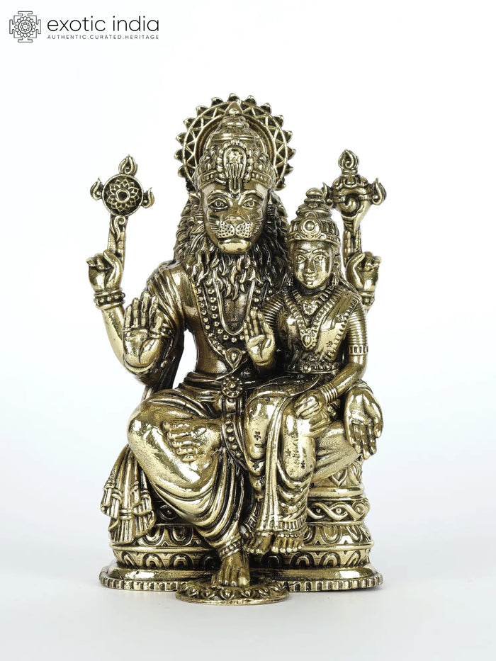 4" Sitting Narasimha with Lakshmi Brass Statue for Pooja