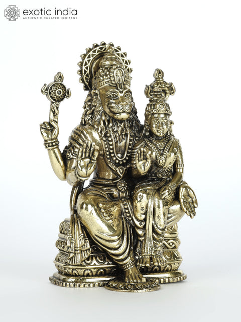 4" Small Superfine Sitting Lord Narasimha with Devi Lakshmi Brass Statue