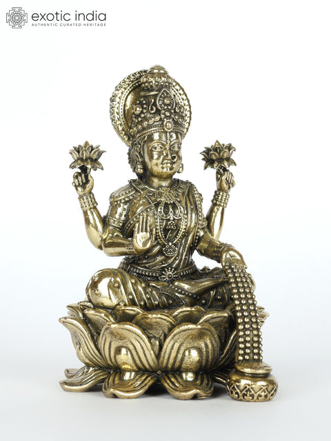 Small Superfine Blessing Goddess Lakshmi Seated on Lotus | Spiritual Brass Statue for Home Temple
