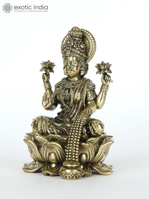 Small Superfine Blessing Goddess Lakshmi Seated on Lotus | Spiritual Brass Statue for Home Temple