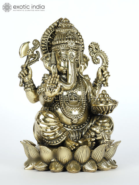 Small Superfine Four-Armed Lord Ganesha Brass Statue Seated on Lotus
