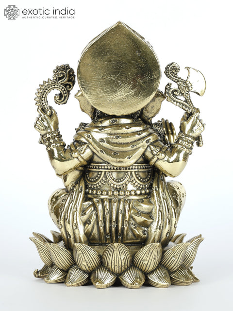 Small Superfine Four-Armed Lord Ganesha Brass Statue Seated on Lotus