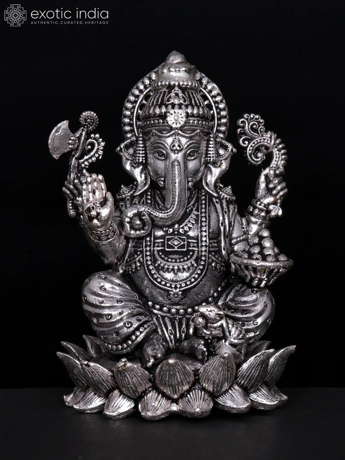 Small Four-Armed Lord Ganesha Handmade Brass Statue on Lotus