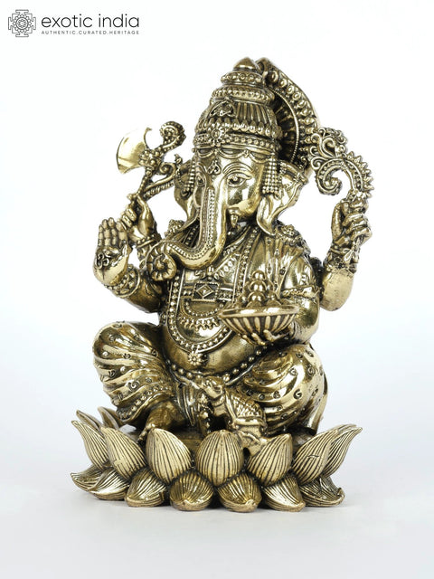 Small Superfine Four-Armed Lord Ganesha Brass Statue Seated on Lotus