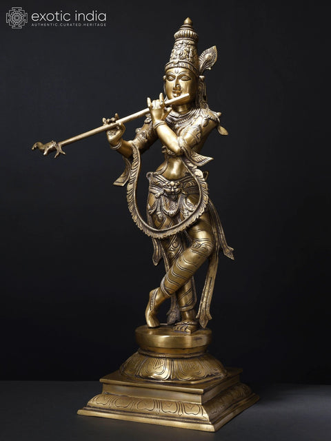 28" Fluting Krishna | Brass Statue