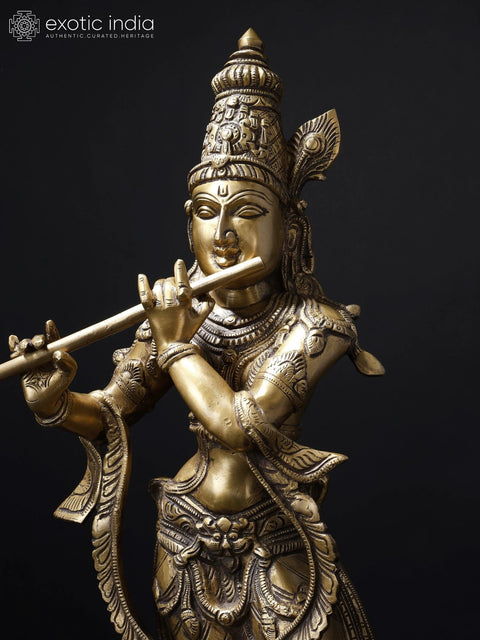 28" Fluting Krishna | Brass Statue