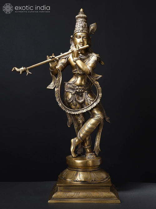 28" Fluting Krishna Brass Statue Handmade