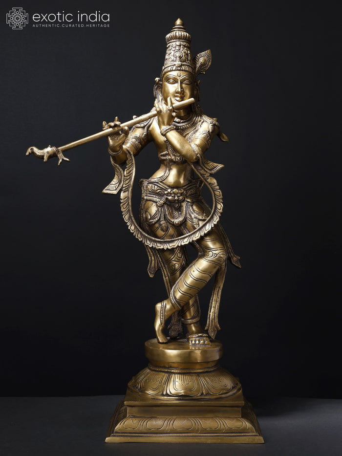 28" Fluting Krishna Brass Statue Handmade