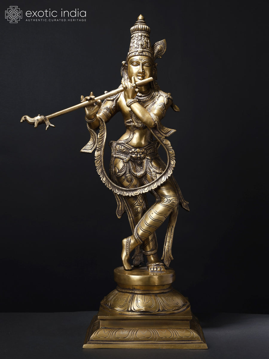 28" Fluting Krishna Brass Statue Handmade