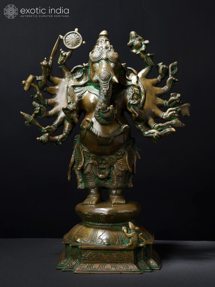 19" Sixteen Armed Vira-Ganesha Handmade Brass Statue