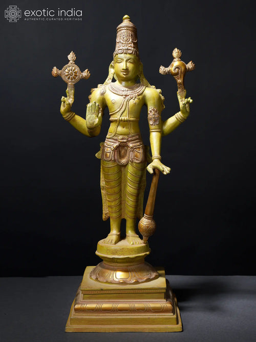 19" Four-Armed Blessing Lord Vishnu Brass Statue Handmade Hindu God Idol