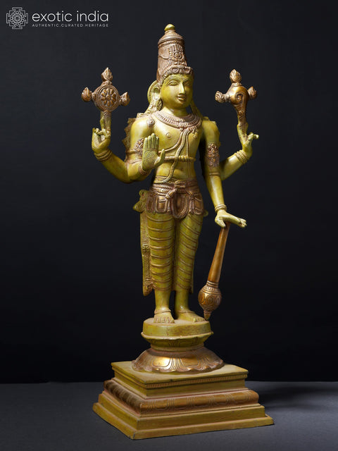 19" Four-Armed Blessing Lord Vishnu Brass Statue | Hindu God Figurine