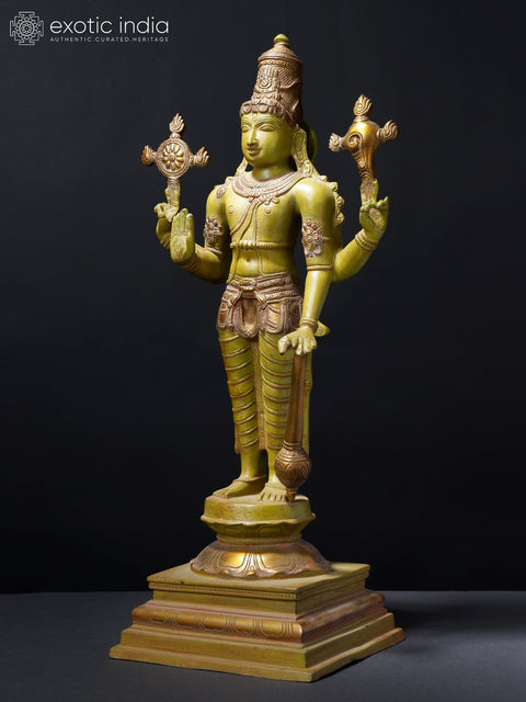 19" Four-Armed Blessing Lord Vishnu Brass Statue | Hindu God Figurine