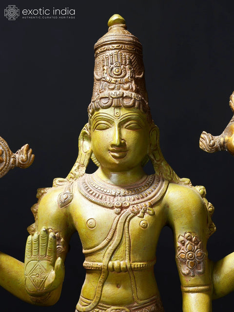 19" Four-Armed Blessing Lord Vishnu Brass Statue | Hindu God Figurine