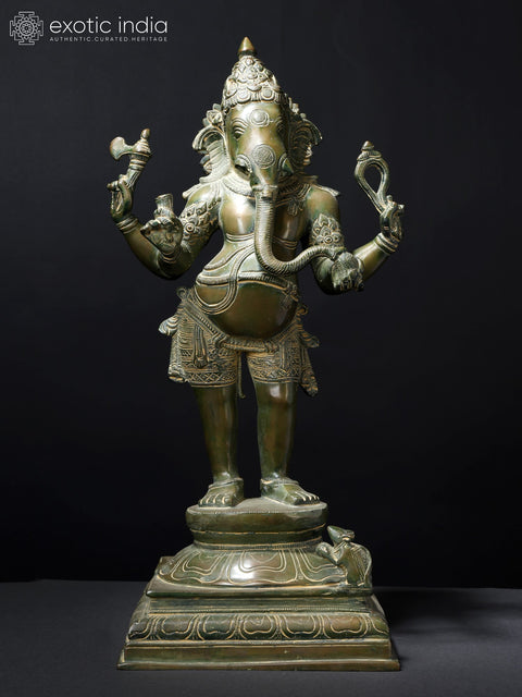 19" Standing Chaturbhuja Lord Ganesha Brass Statue