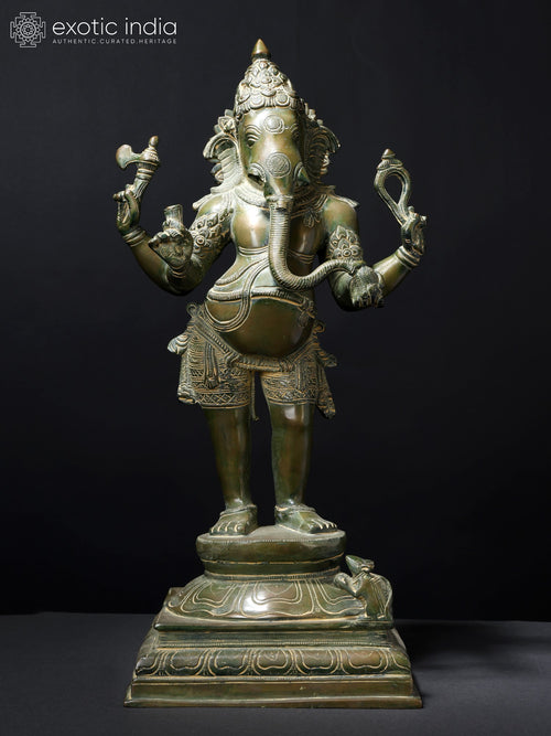 19" Standing Chaturbhuja Lord Ganesha Handmade Brass Statue