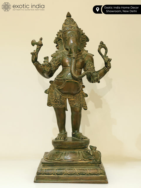 19" Standing Chaturbhuja Lord Ganesha Brass Statue