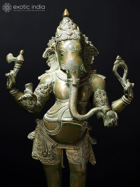 19" Standing Chaturbhuja Lord Ganesha Brass Statue