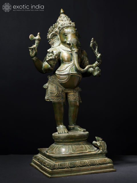 19" Standing Chaturbhuja Lord Ganesha Brass Statue
