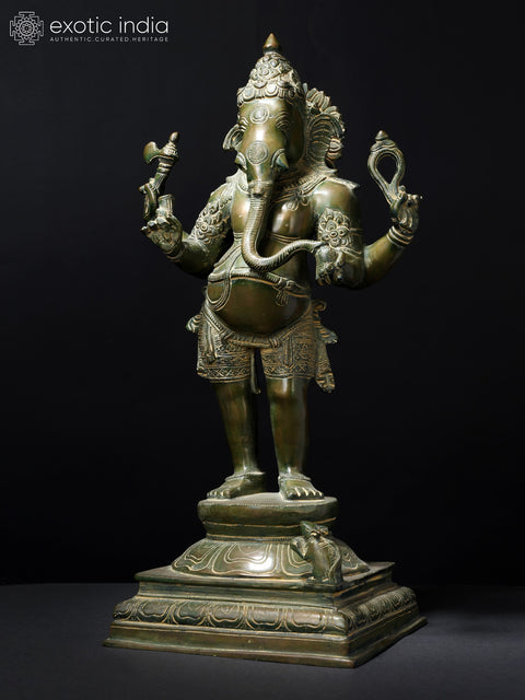19" Standing Chaturbhuja Lord Ganesha Brass Statue
