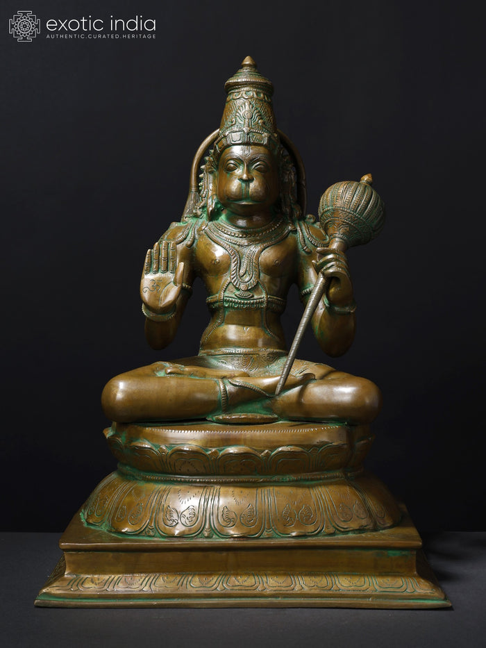 18" Sitting Lord Hanuman Blessing Gesture Brass Statue