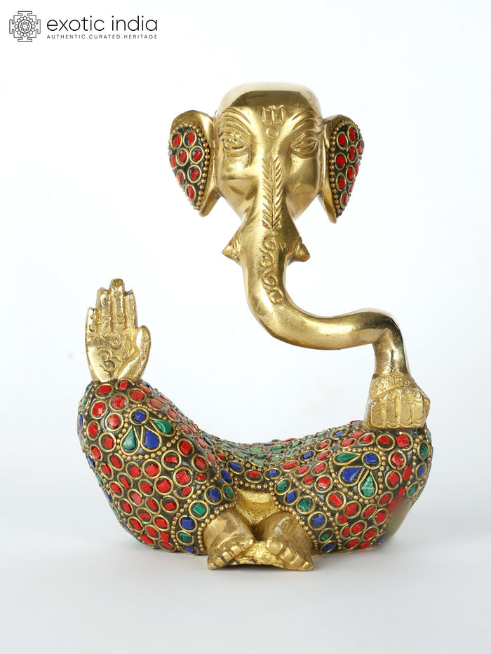 5" Small Handmade Lord Ganesha Brass Statue with Inlay Work