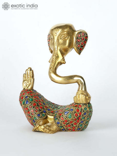 5" Small Stylized Lord Ganesha | Brass Statue with Inlay Work