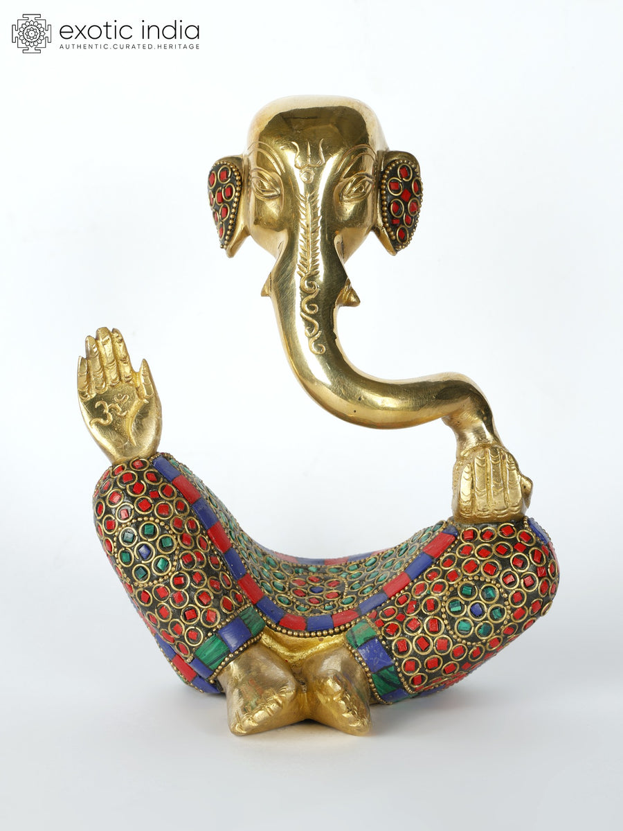 8" Handmade Blessing Lord Ganesha Brass Statue with Inlay Work