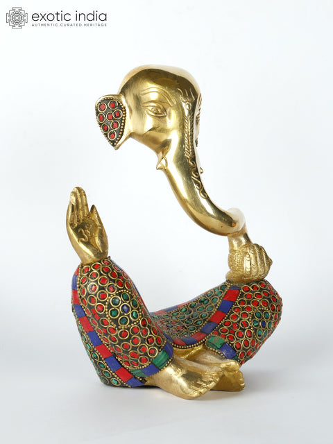 8" Stylized Blessing Lord Ganesha | Brass Statue with Inlay Work
