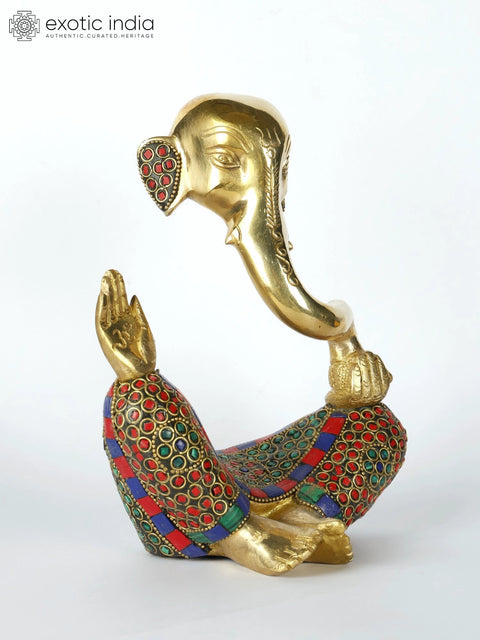 8" Stylized Blessing Lord Ganesha | Brass Statue with Inlay Work